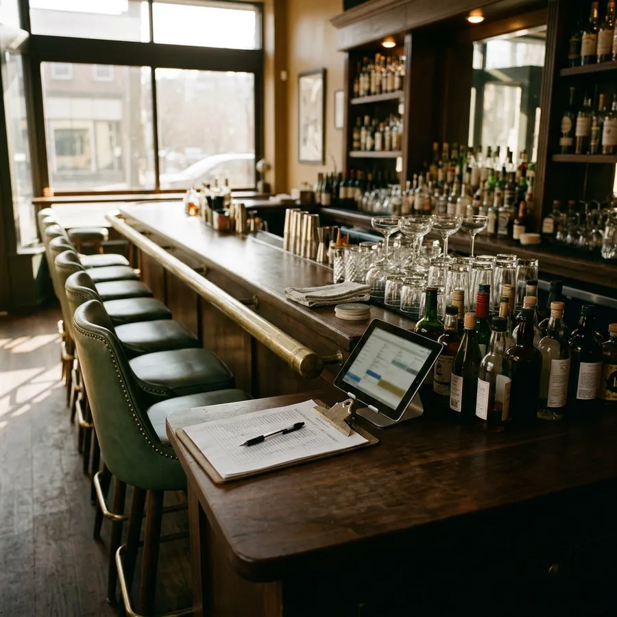 A bar before opening, with stools along the counter and an inventory tablet on the bar