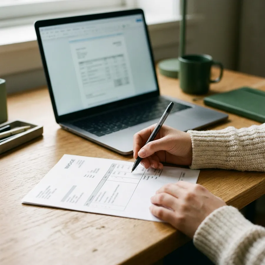 Hands reviewing a printed invoice beside a laptop