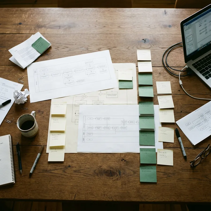 A process map laid out on a wooden table with sticky notes and printed workflow pages