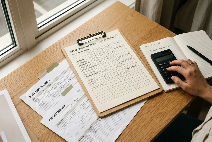 Operational planning and inventory forms on a clipboard beside a calculator